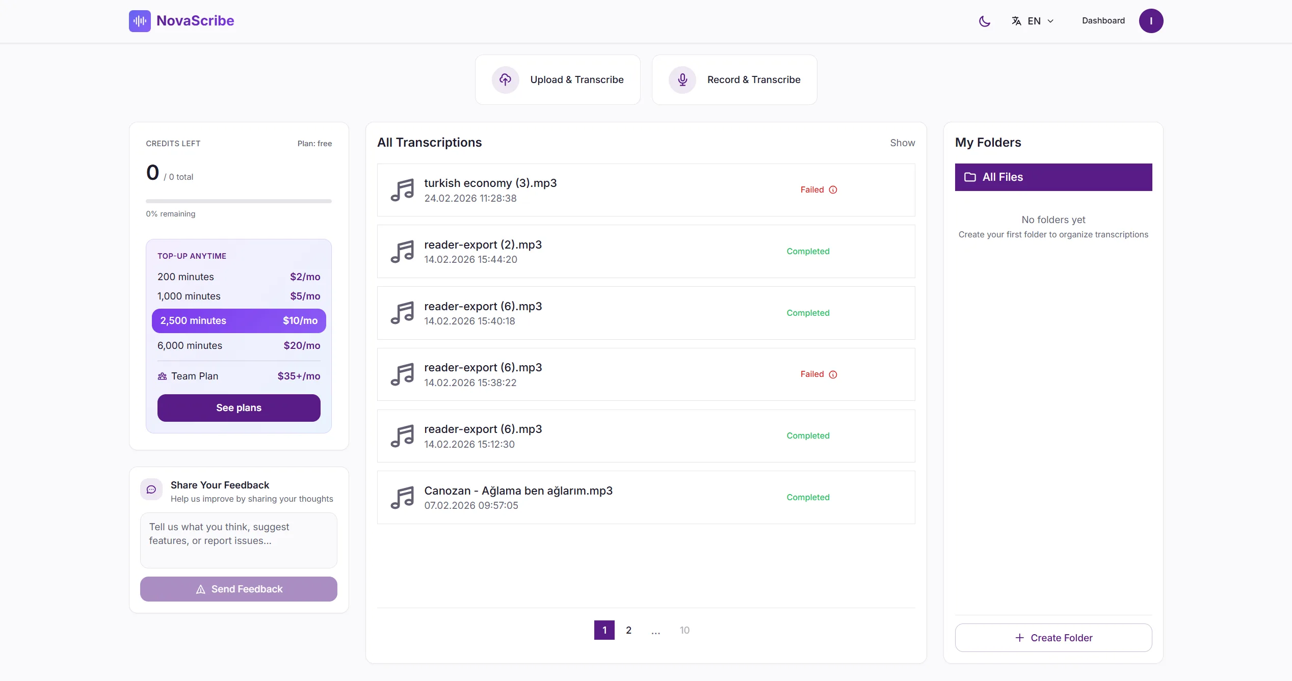 NovaScribe dashboard showing file upload, transcription list, folders, and pricing plans