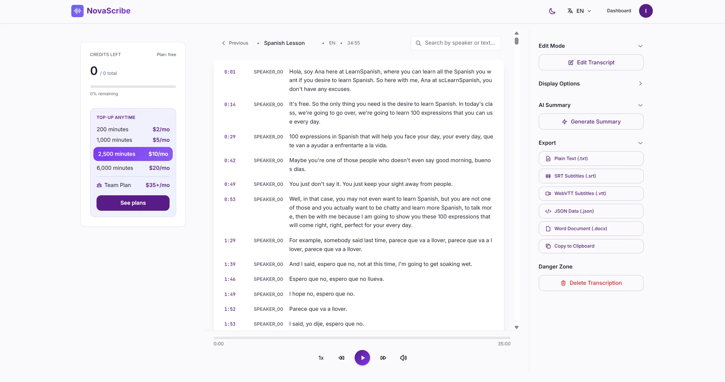 NovaScribe transcription editor showing speaker detection, timestamps, AI summary, and export options